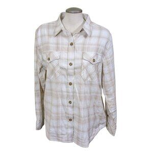 Frank and Oak Flannel Shirt Womens XL Plaid Beige Button Up Organic Cotton Soft